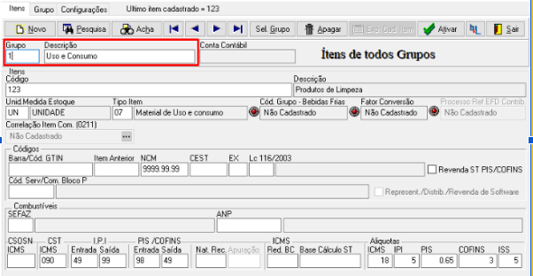 Tela de cadastro de item no sistema G5 exibindo o campo Grupo preenchido.