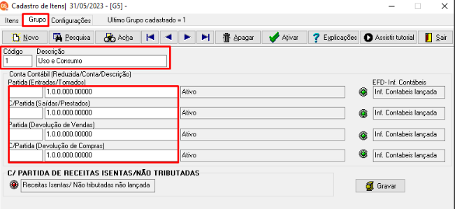 Tela de cadastro de grupo no sistema G5 detalhando as contas contábeis vinculadas.