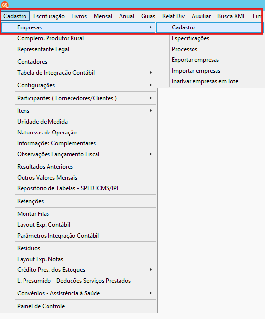 Acesso ao menu Cadastro de Empresas