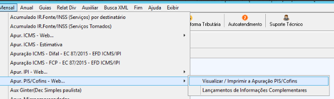 Menu Apuração PIS COFINS Web