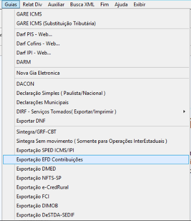 Menu Exportação EFD Contribuições
