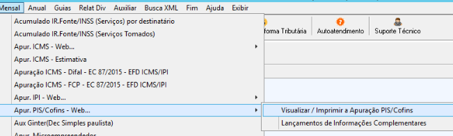 Menu Apuração PIS COFINS Web
