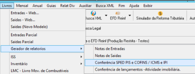 Menu Gerador de relatório Conferência SPED