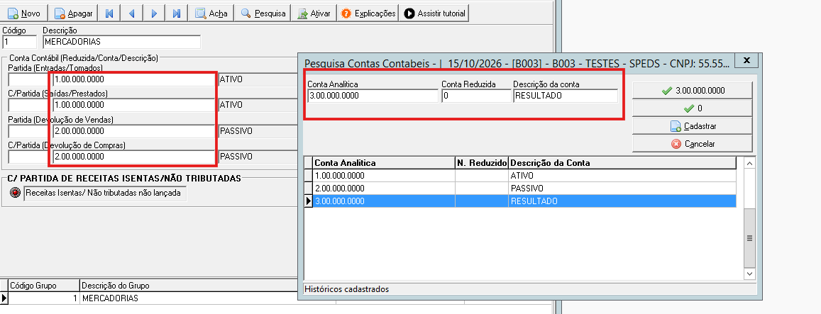 Seleção da conta contábil analítica