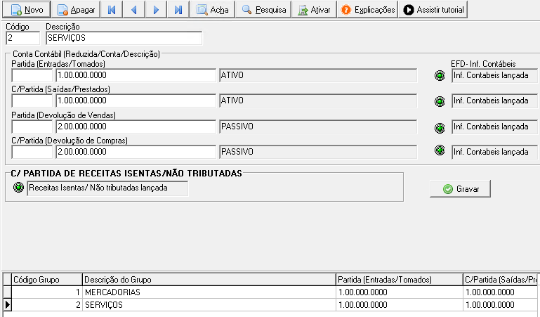 Tela de cadastro de grupo no G5 com preenchimento das contas contábeis