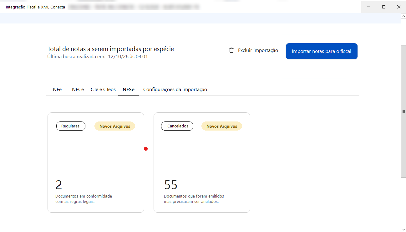 Aba NFSe na Integração Fiscal com resumo de 2 notas regulares e 55 canceladas prontas para importação.