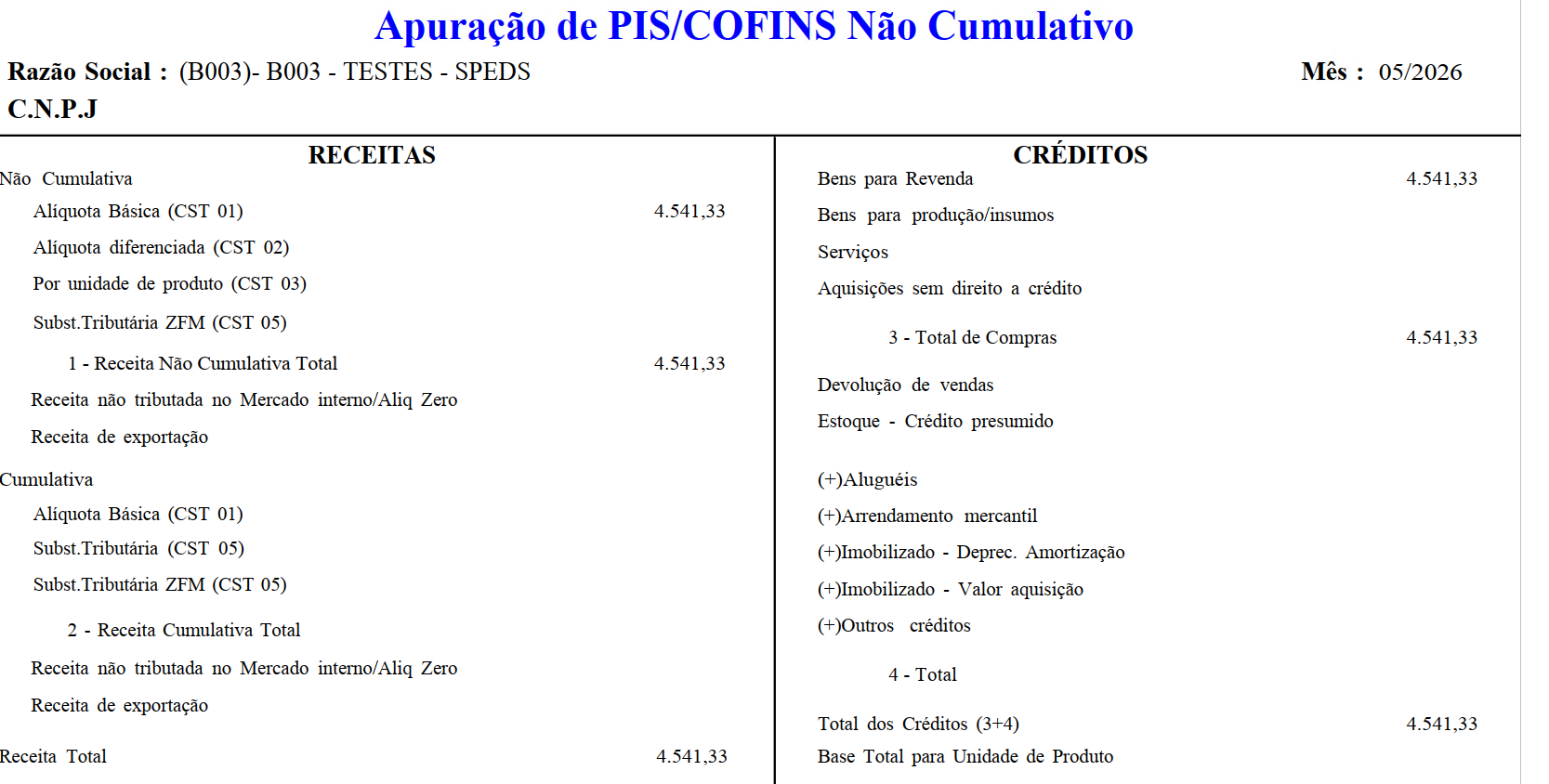 Valores e bases apuradas de PIS/Cofins