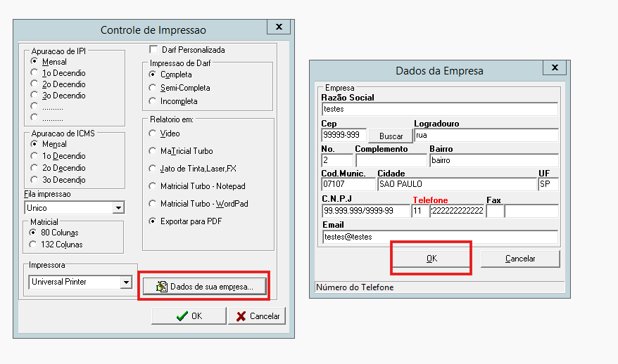 Tela de Controle de impressão e dados da empresa no sistema G5
