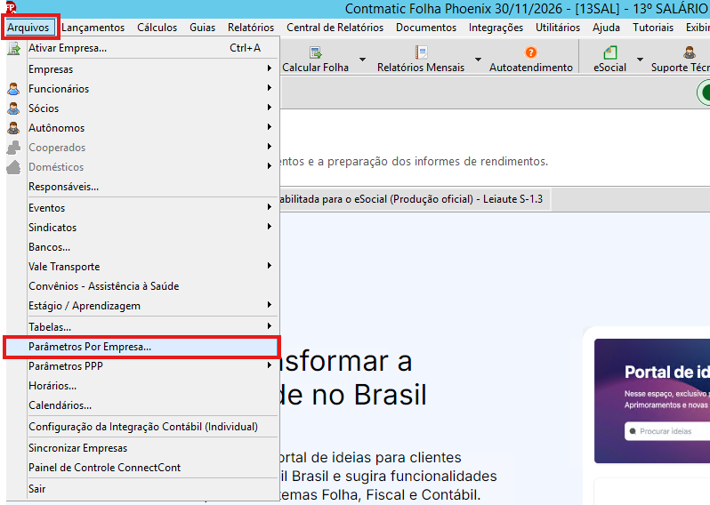 Tela de parâmetros por empresa