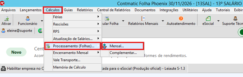 Menu de processamento mensal