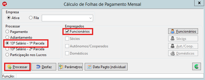 Tela de processamento da 1ª parcela