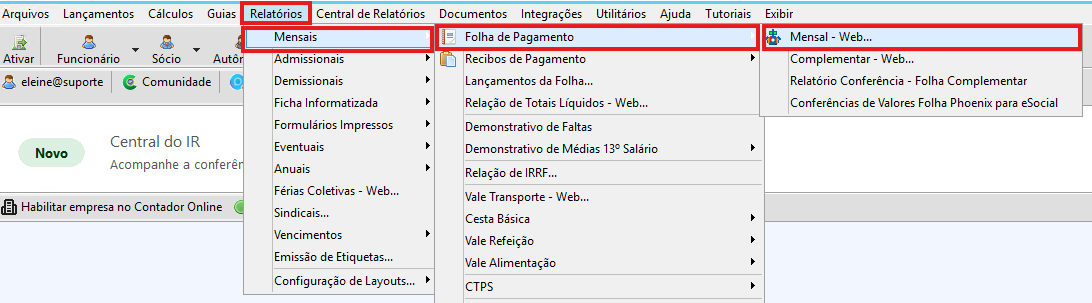 Menu de relatórios mensais