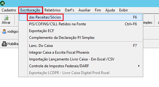 Tela de escrituração das receitas e sócios no JR
