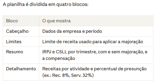 Visão geral do relatório em planilha eletrônica