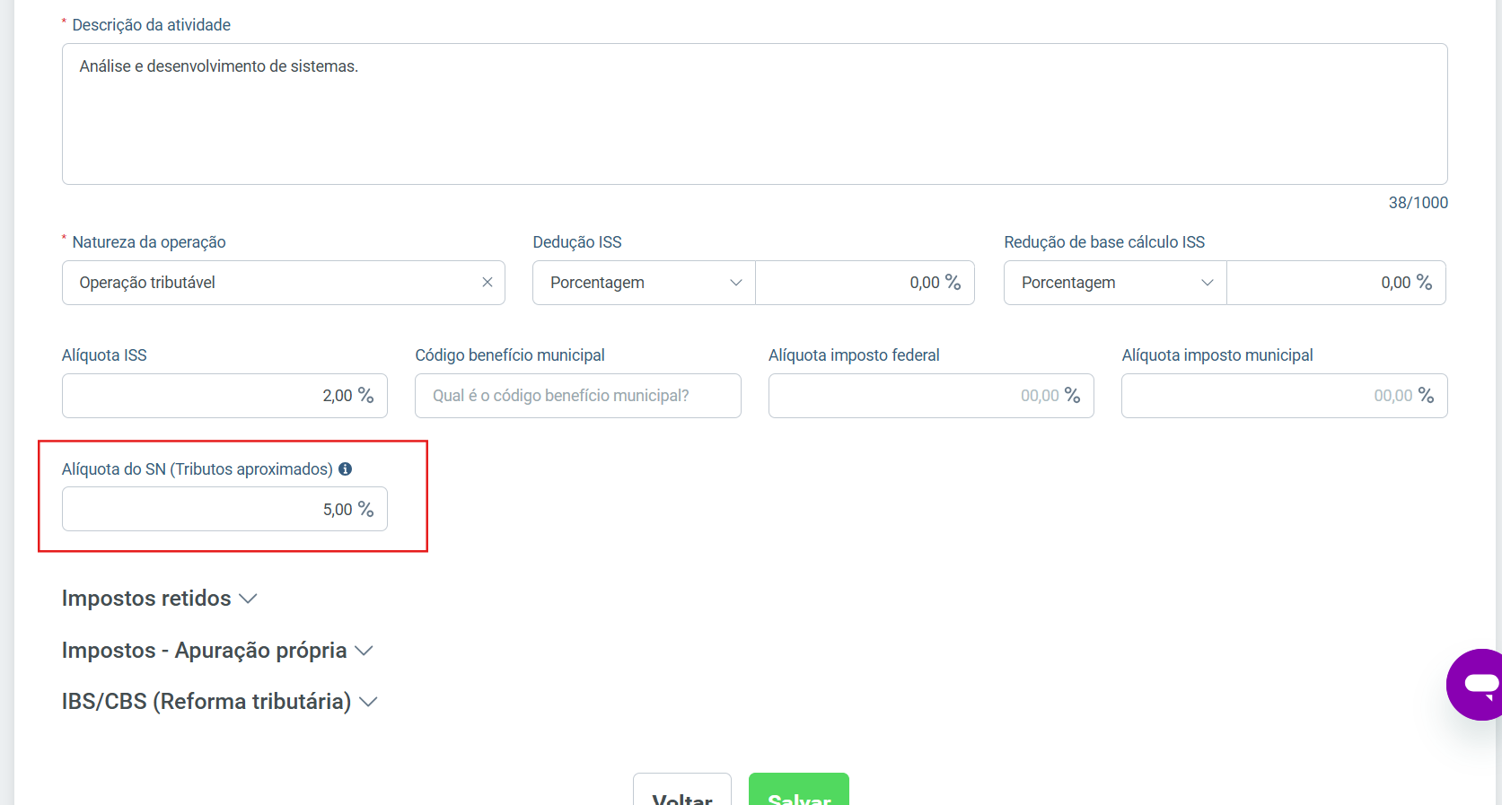 Configuração de Alíquota do SN para tributos aproximados
