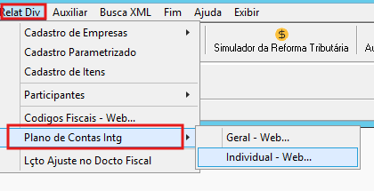 Menu Relat Div com a opção Plano de Contas Intg selecionada em Individual - Web.