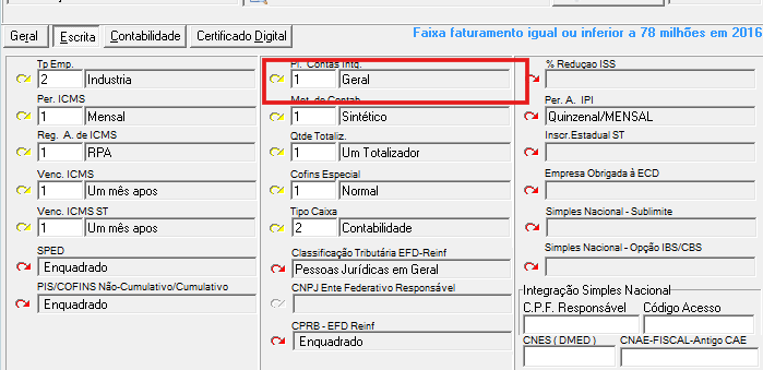 Aba Escrita das configurações da empresa destacando o campo Pl. Contas Intg.
