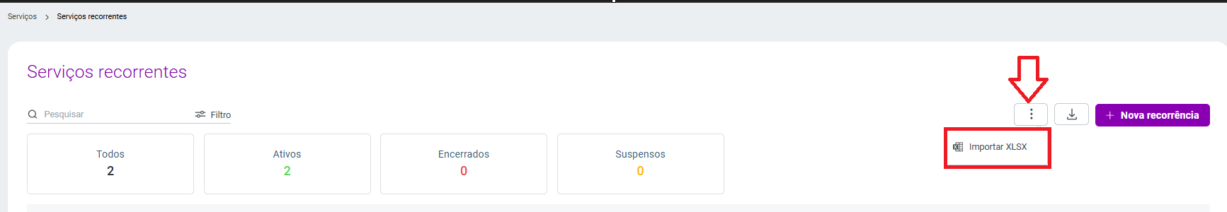 Menu de ações nos serviços recorrentes
