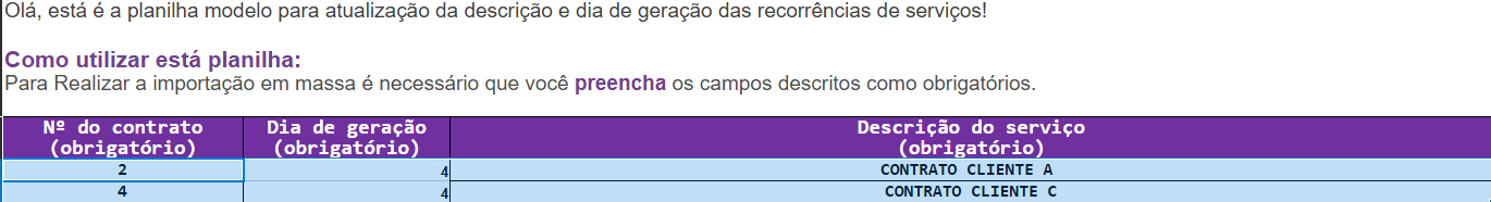 Preenchimento da planilha modelo