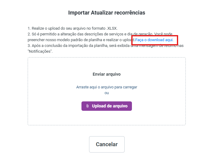 Download da planilha modelo de atualização